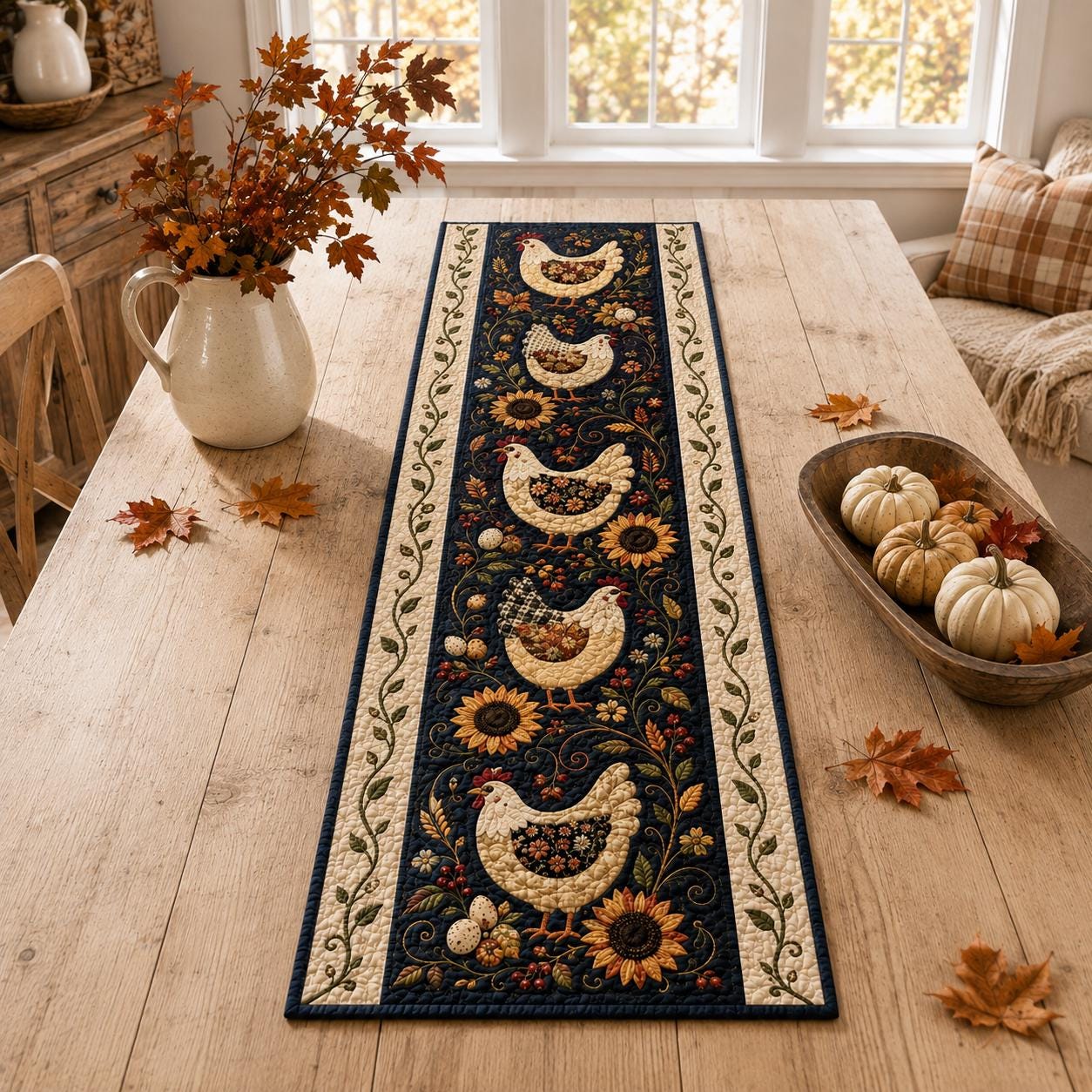Chicken Table Runner with Quilt Style Sunflower Fall Decor and Farmhouse Hen for Autumn Harvest Country Kitchen Dining - photo 5