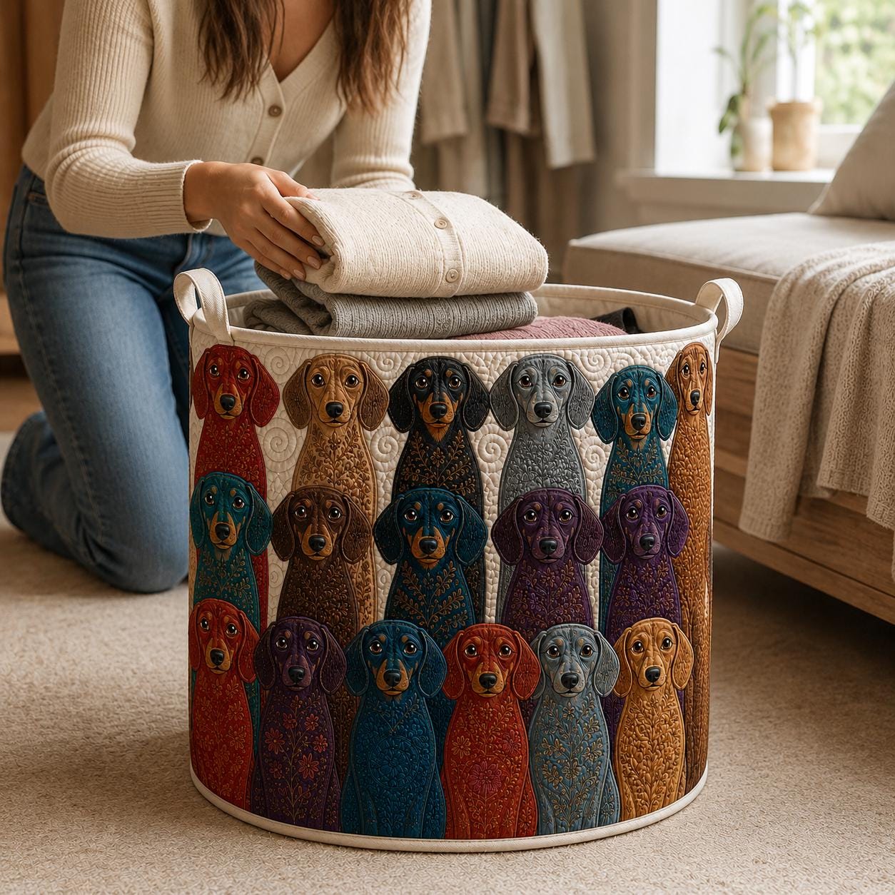 Laundry Basket – Quilt Style Pet Storage Hamper with Dachshund Cat Clothes Bin for Pets Lover Home Decor - photo 5