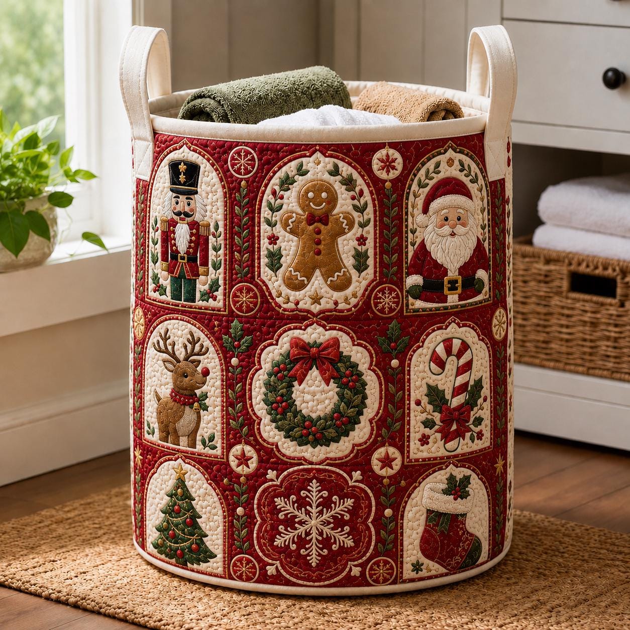 Christmas Laundry Basket with Quilt Style Holiday Storage Hamper and Santa Gingerbread Nutcracker Clothes Bin, Festive Home Organizer