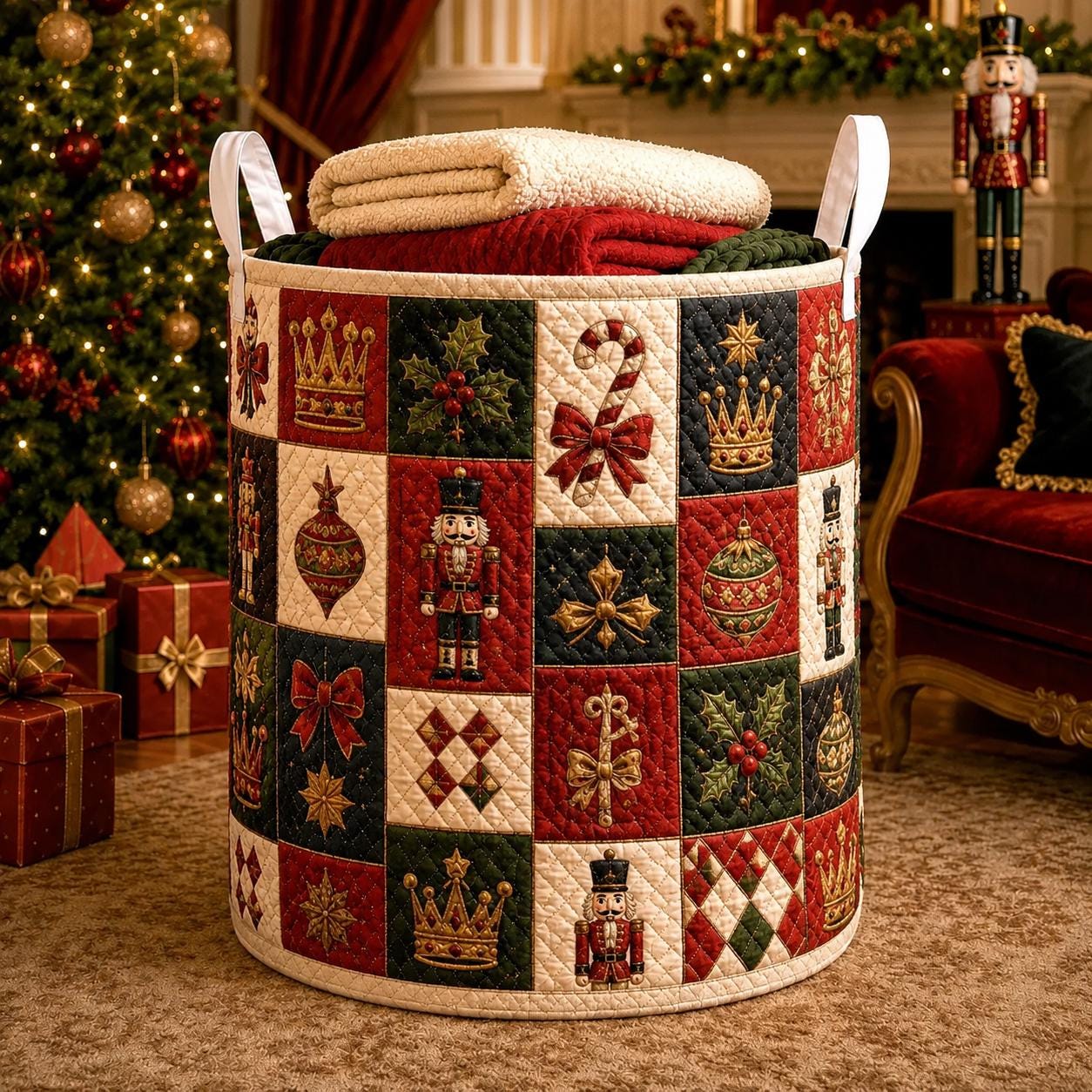 Christmas Laundry Basket with Quilt Style Holiday Storage Hamper and Santa Gingerbread Nutcracker Clothes Bin, Festive Home Organizer - photo 2