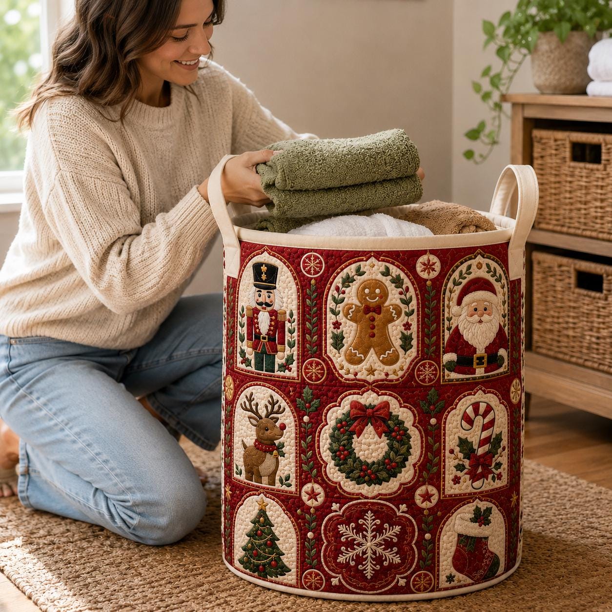 Christmas Laundry Basket with Quilt Style Holiday Storage Hamper and Santa Gingerbread Nutcracker Clothes Bin, Festive Home Organizer - photo 5