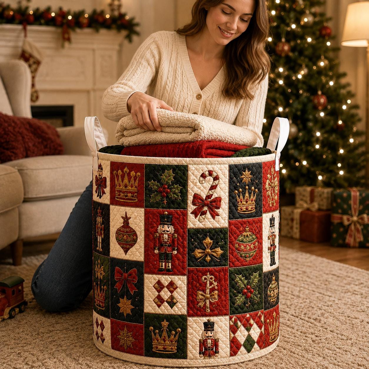 Christmas Laundry Basket with Quilt Style Holiday Storage Hamper and Santa Gingerbread Nutcracker Clothes Bin, Festive Home Organizer - photo 6