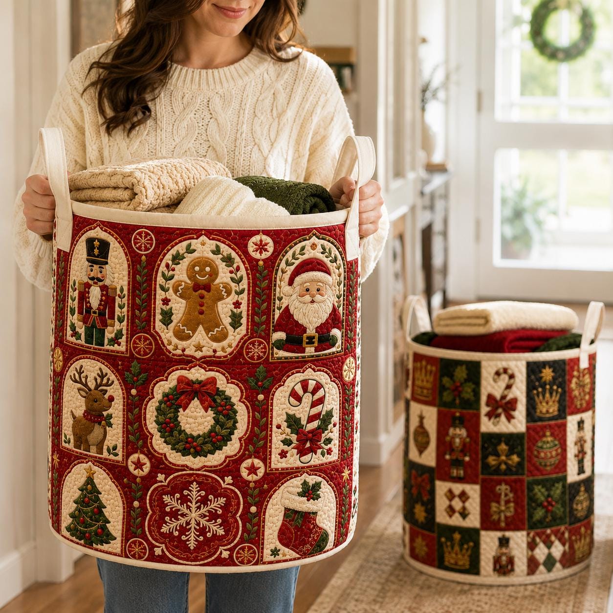 Christmas Laundry Basket with Quilt Style Holiday Storage Hamper and Santa Gingerbread Nutcracker Clothes Bin, Festive Home Organizer - photo 7