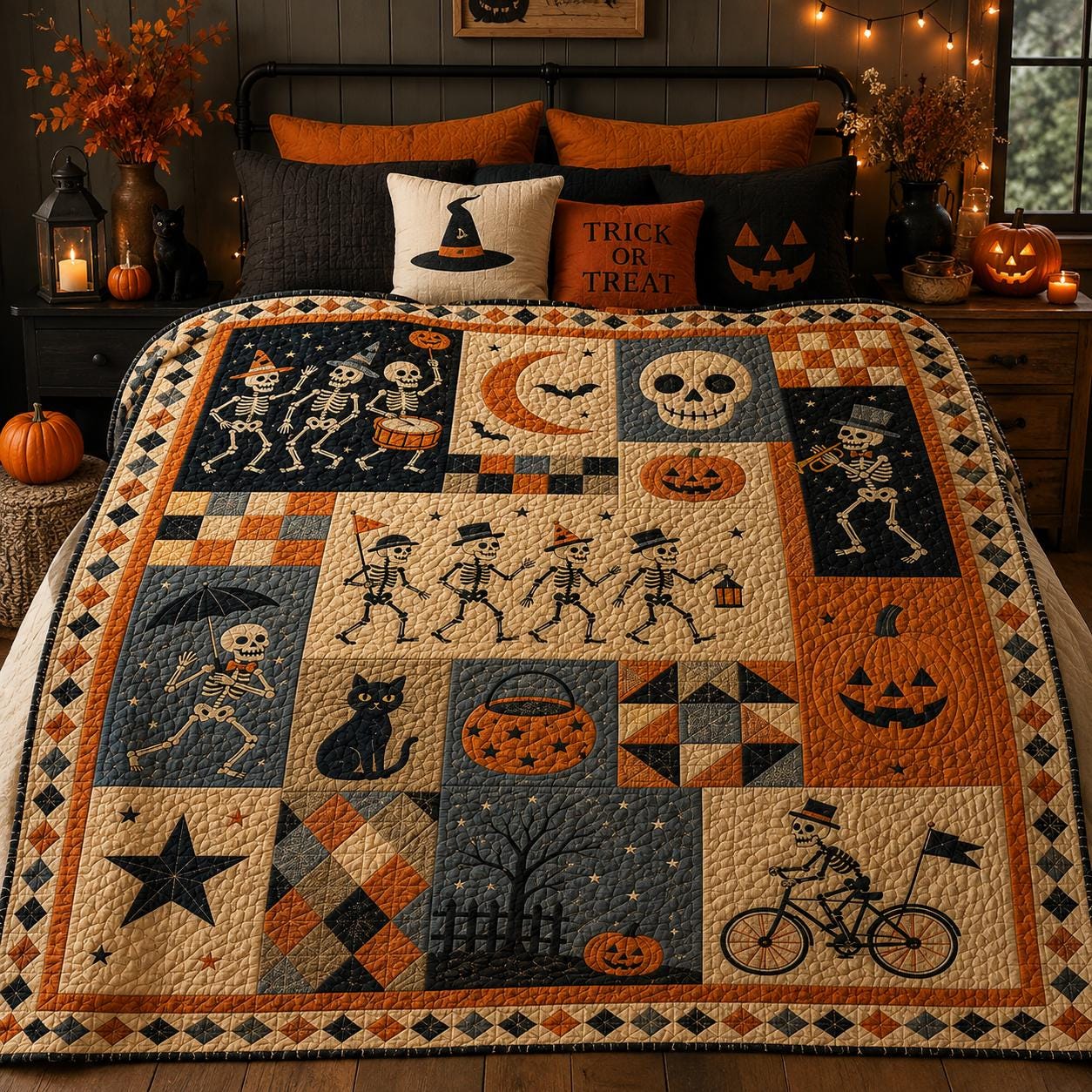Throw Blanket – Quilted Style Halloween Skeleton Spooky Pumpkin Black Cat Patchwork Bedding with Gothic Fall Home Decor and Gift