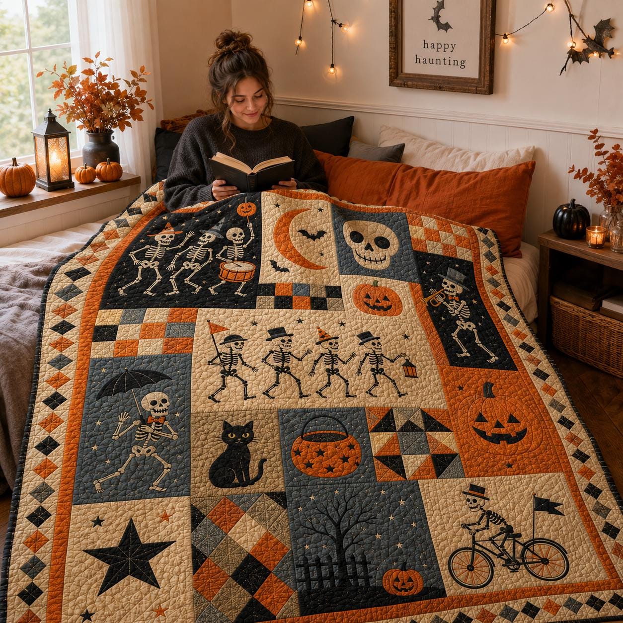 Throw Blanket – Quilted Style Halloween Skeleton Spooky Pumpkin Black Cat Patchwork Bedding with Gothic Fall Home Decor and Gift - photo 2