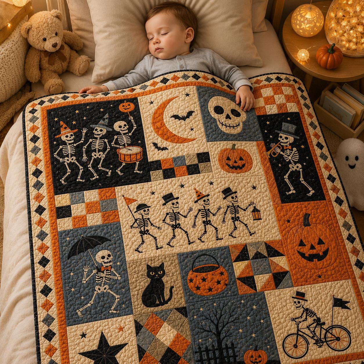 Throw Blanket – Quilted Style Halloween Skeleton Spooky Pumpkin Black Cat Patchwork Bedding with Gothic Fall Home Decor and Gift - photo 5