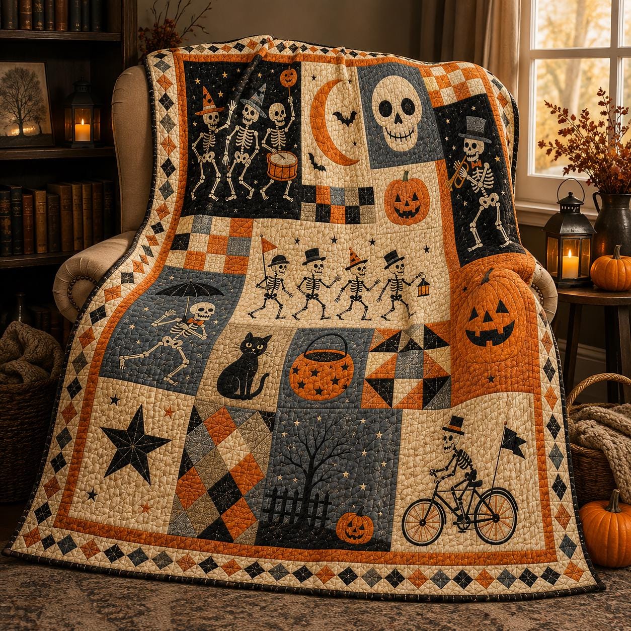 Throw Blanket – Quilted Style Halloween Skeleton Spooky Pumpkin Black Cat Patchwork Bedding with Gothic Fall Home Decor and Gift - photo 6