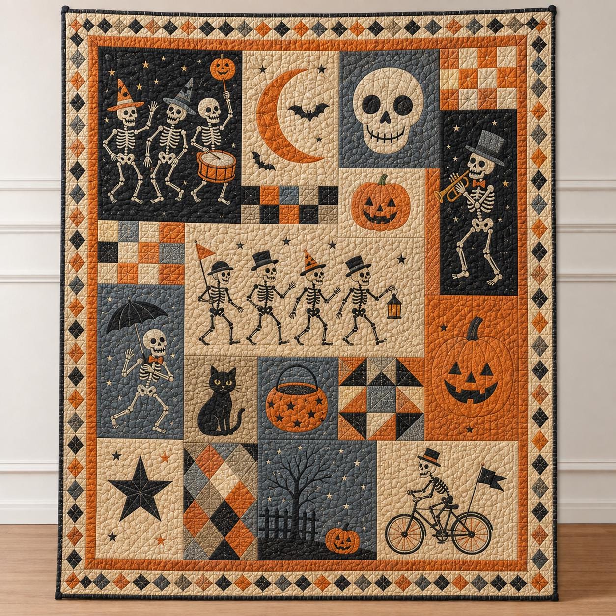 Throw Blanket – Quilted Style Halloween Skeleton Spooky Pumpkin Black Cat Patchwork Bedding with Gothic Fall Home Decor and Gift - photo 7