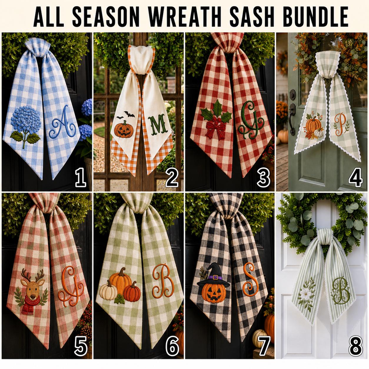 Personalized Monogram Gingham All Season Wreath Sash Bundle for Fall, Halloween and Christmas, Custom Door Accent Decor