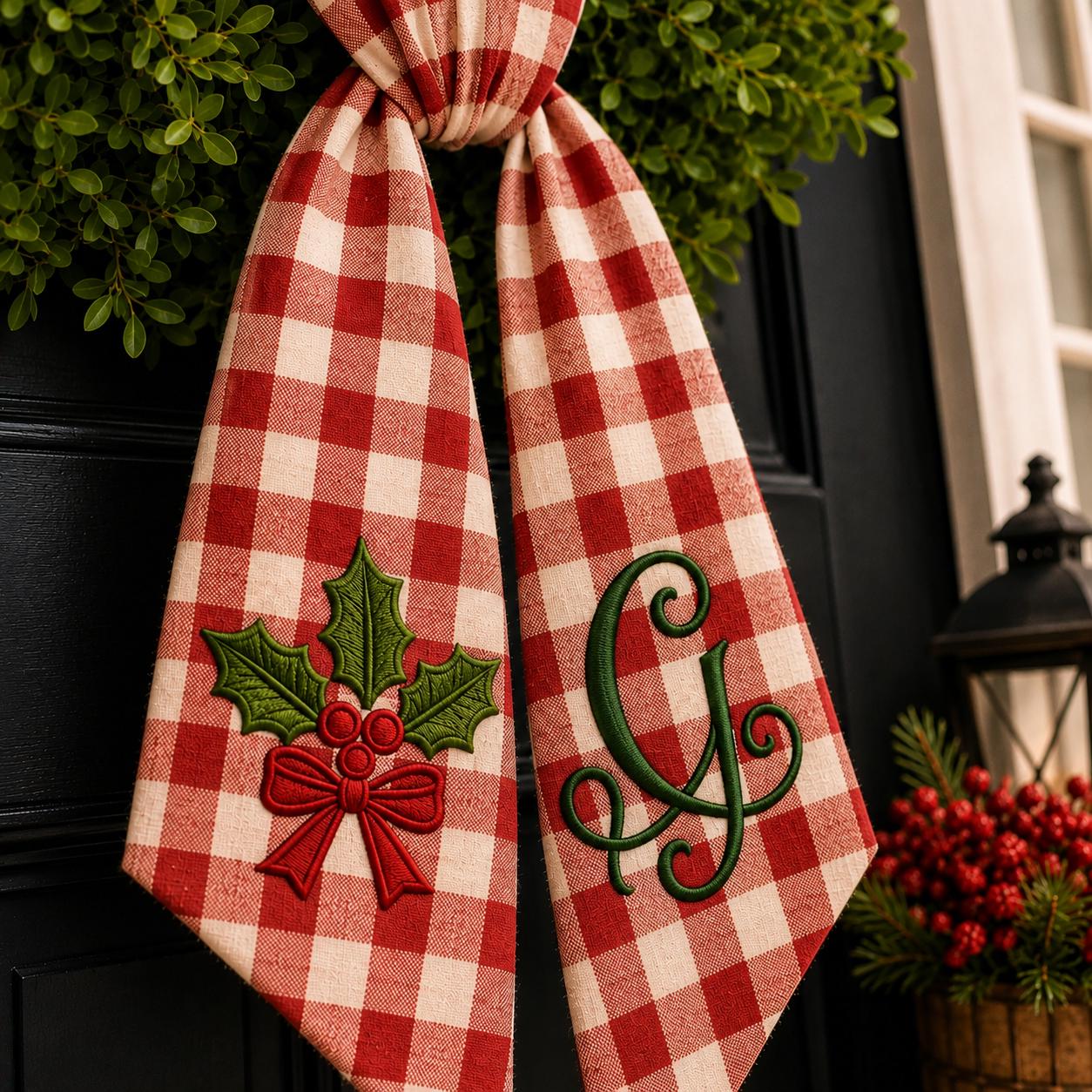 Personalized Monogram Gingham All Season Wreath Sash Bundle for Fall, Halloween and Christmas, Custom Door Accent Decor - photo 2