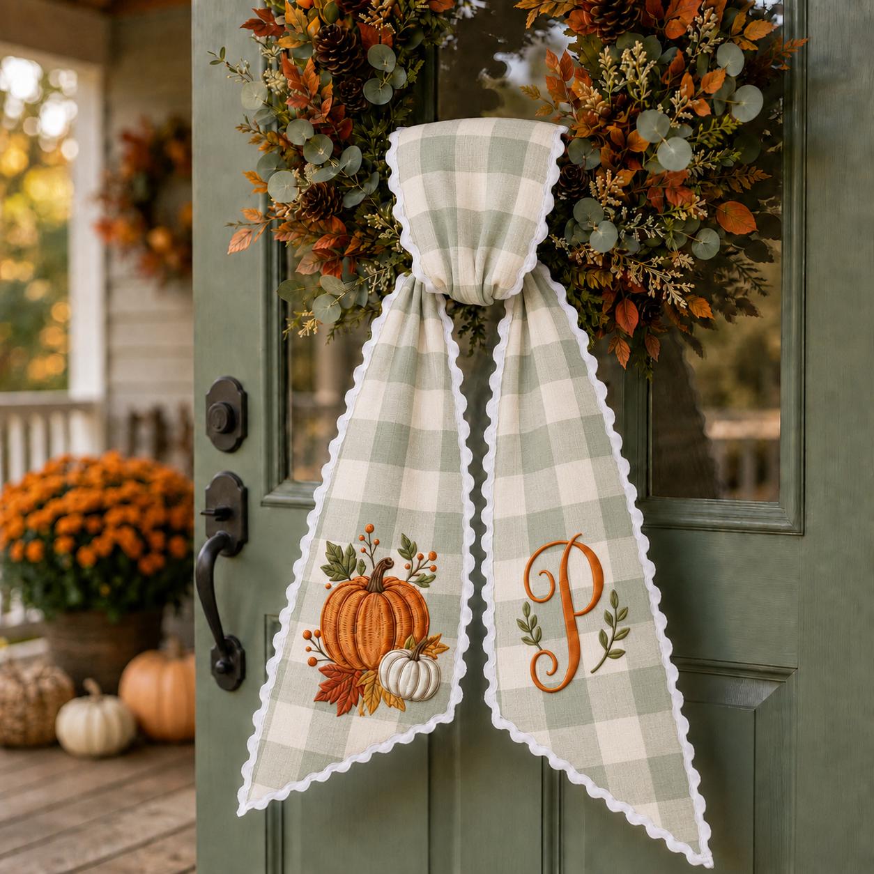 Personalized Monogram Gingham All Season Wreath Sash Bundle for Fall, Halloween and Christmas, Custom Door Accent Decor - photo 8