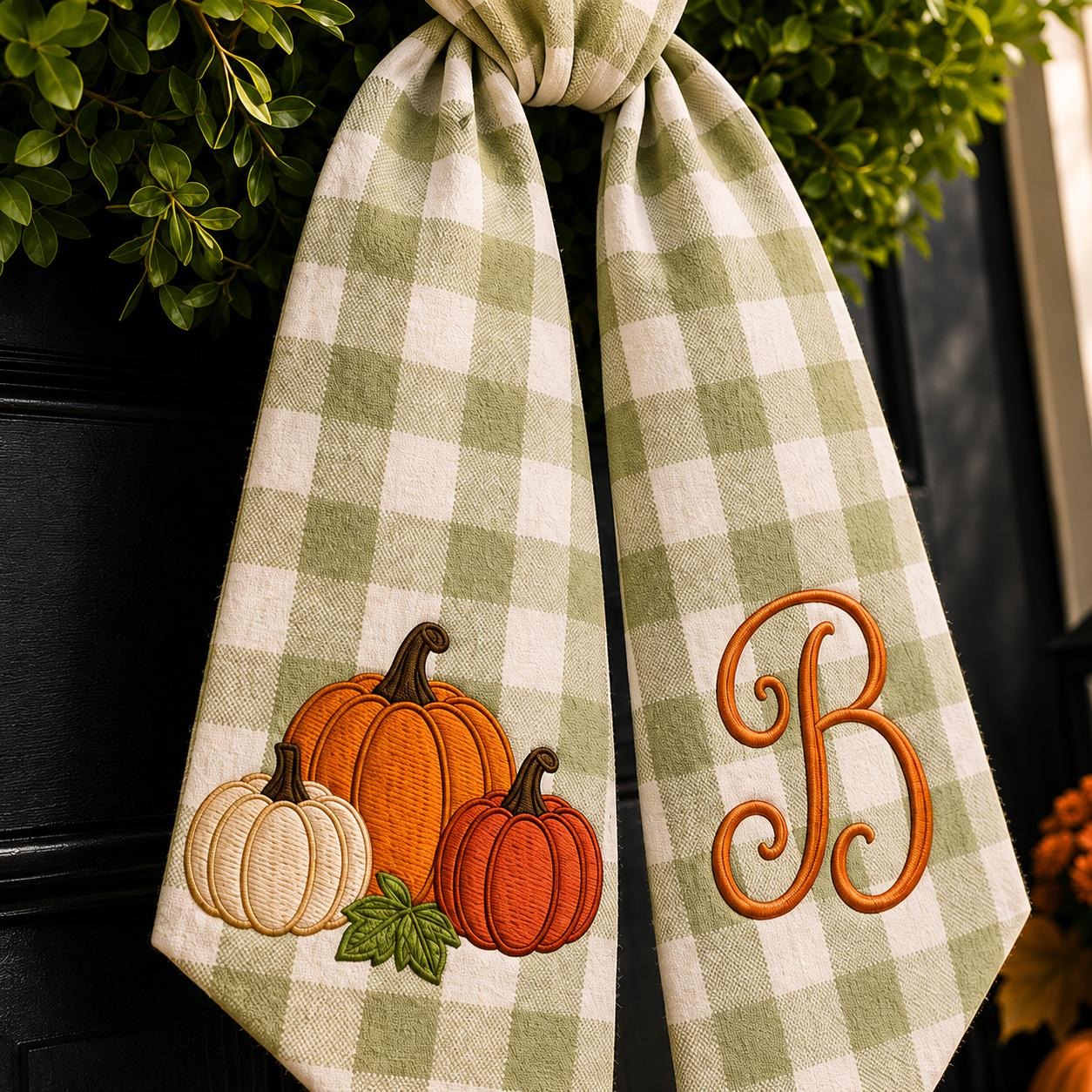Personalized Monogram Gingham All Season Wreath Sash Bundle for Fall, Halloween and Christmas, Custom Door Accent Decor - photo 9