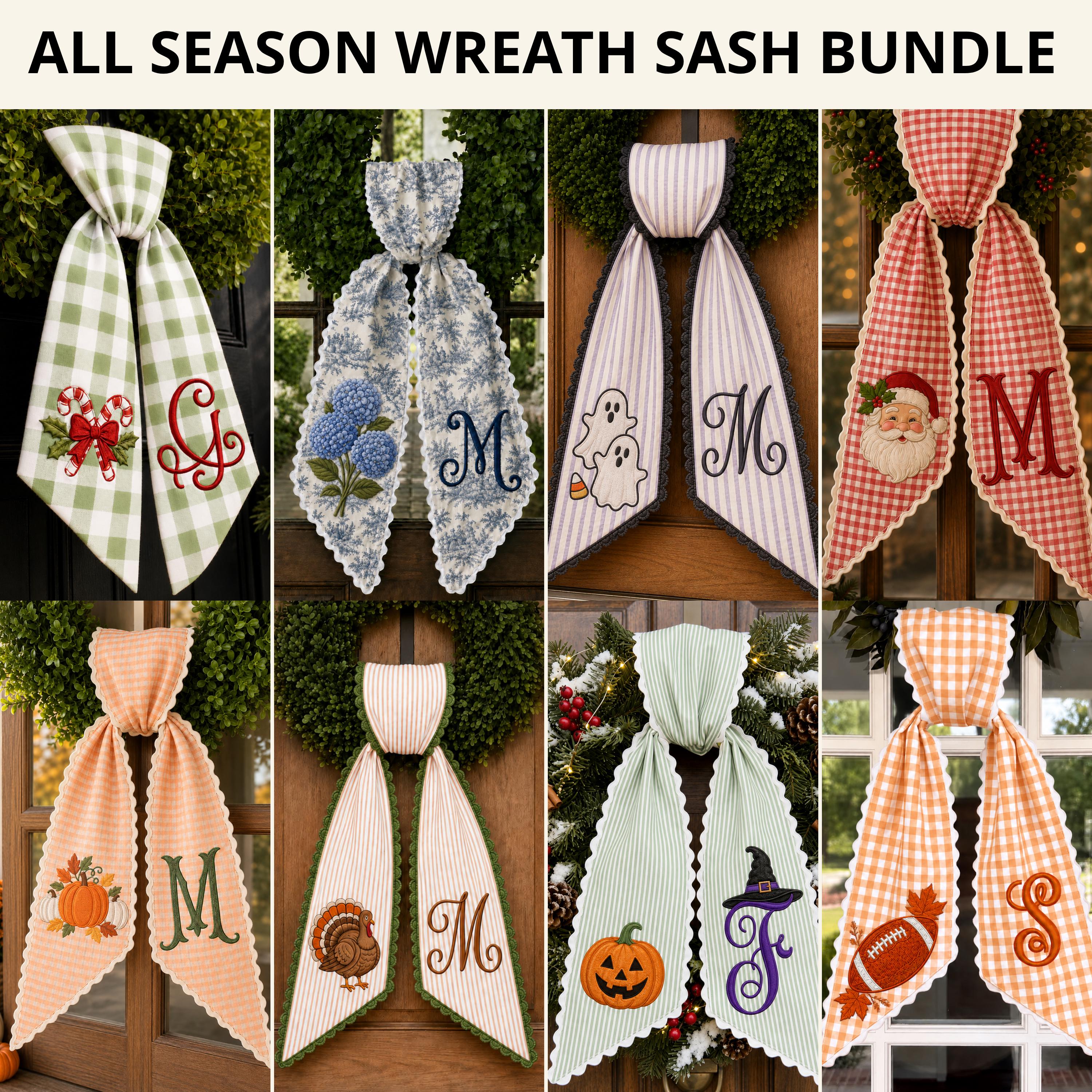 Personalized Monogram Gingham All Season Wreath Sash Bundle for Fall, Halloween and Christmas, Custom Door Decor Seasonal Gift