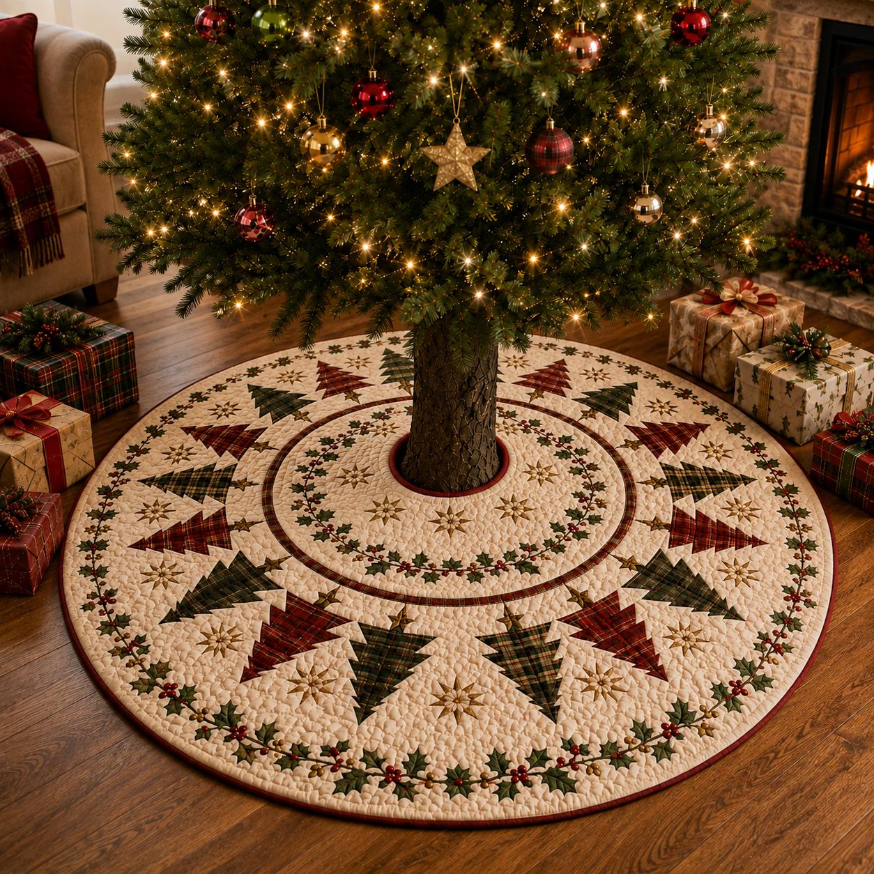 Quilt Style Plaid Christmas Tree Skirt with Holly Berry Pattern, Rustic Farmhouse Red and Green Holiday Xmas Tree Mat Decor