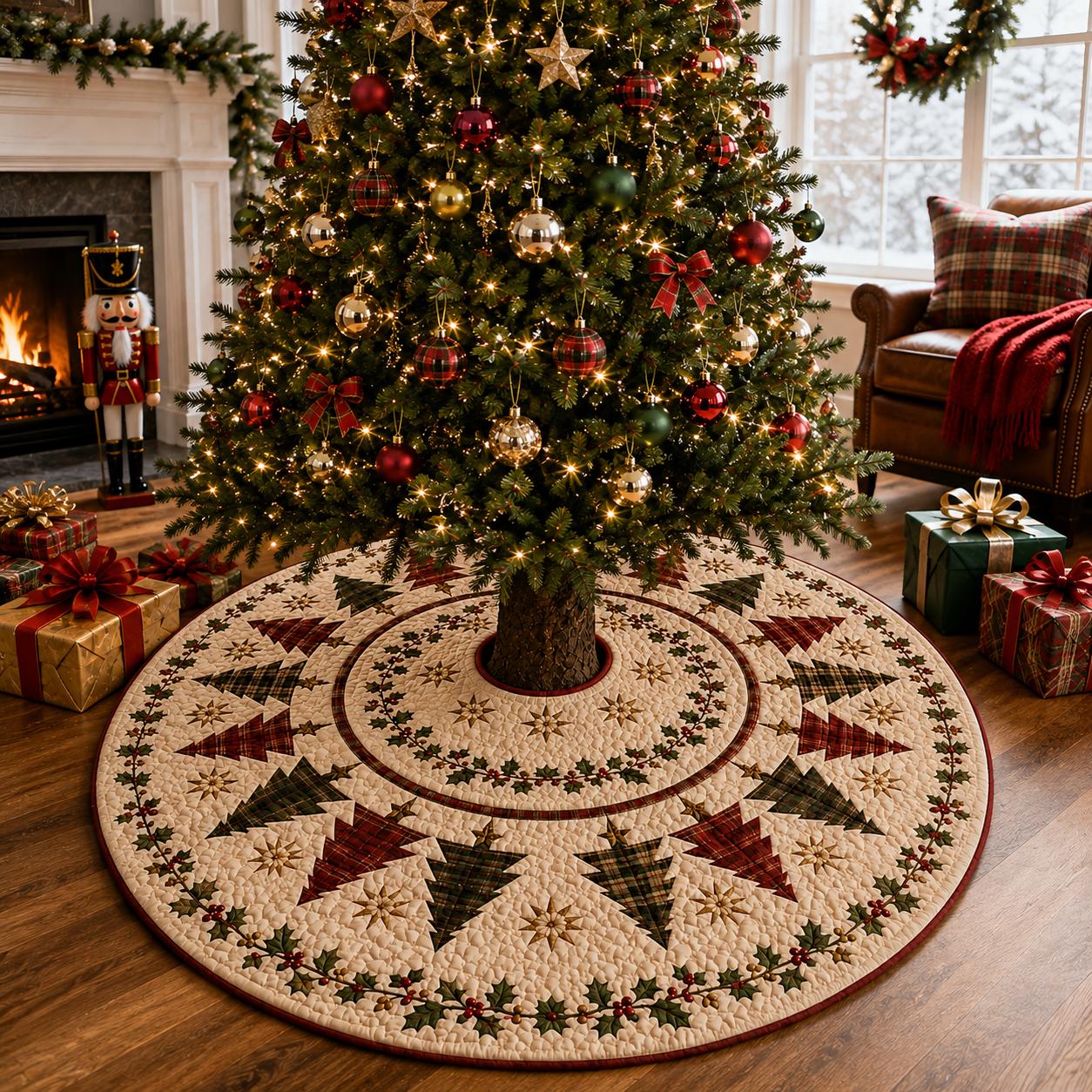 Quilt Style Plaid Christmas Tree Skirt with Holly Berry Pattern, Rustic Farmhouse Red and Green Holiday Xmas Tree Mat Decor - photo 3