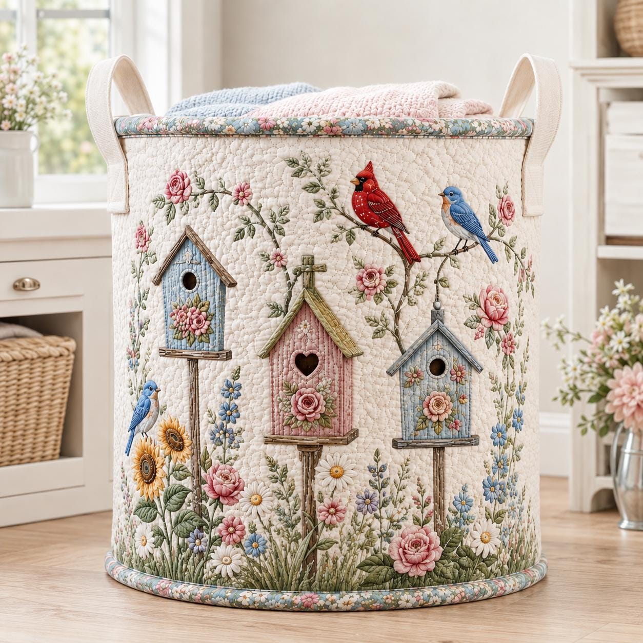 Laundry Bag with Birdhouse Garden Hamper Basket and Cardinal Bluebird Storage Bin for Cottagecore Floral Decor Gift