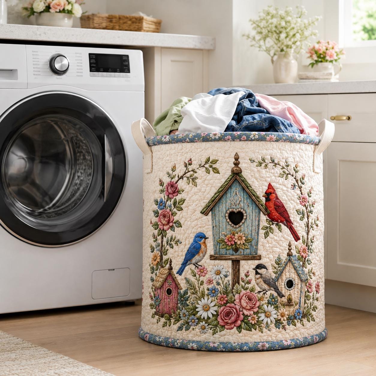 Laundry Bag with Birdhouse Garden Hamper Basket and Cardinal Bluebird Storage Bin for Cottagecore Floral Decor Gift - photo 2