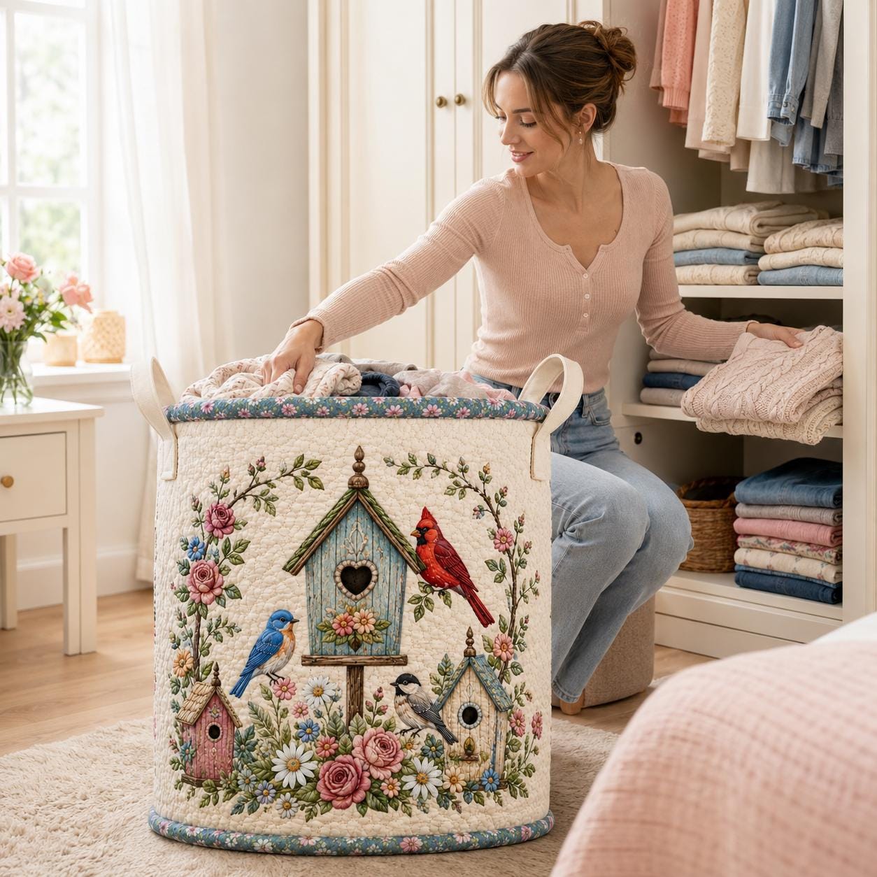 Laundry Bag with Birdhouse Garden Hamper Basket and Cardinal Bluebird Storage Bin for Cottagecore Floral Decor Gift - photo 5
