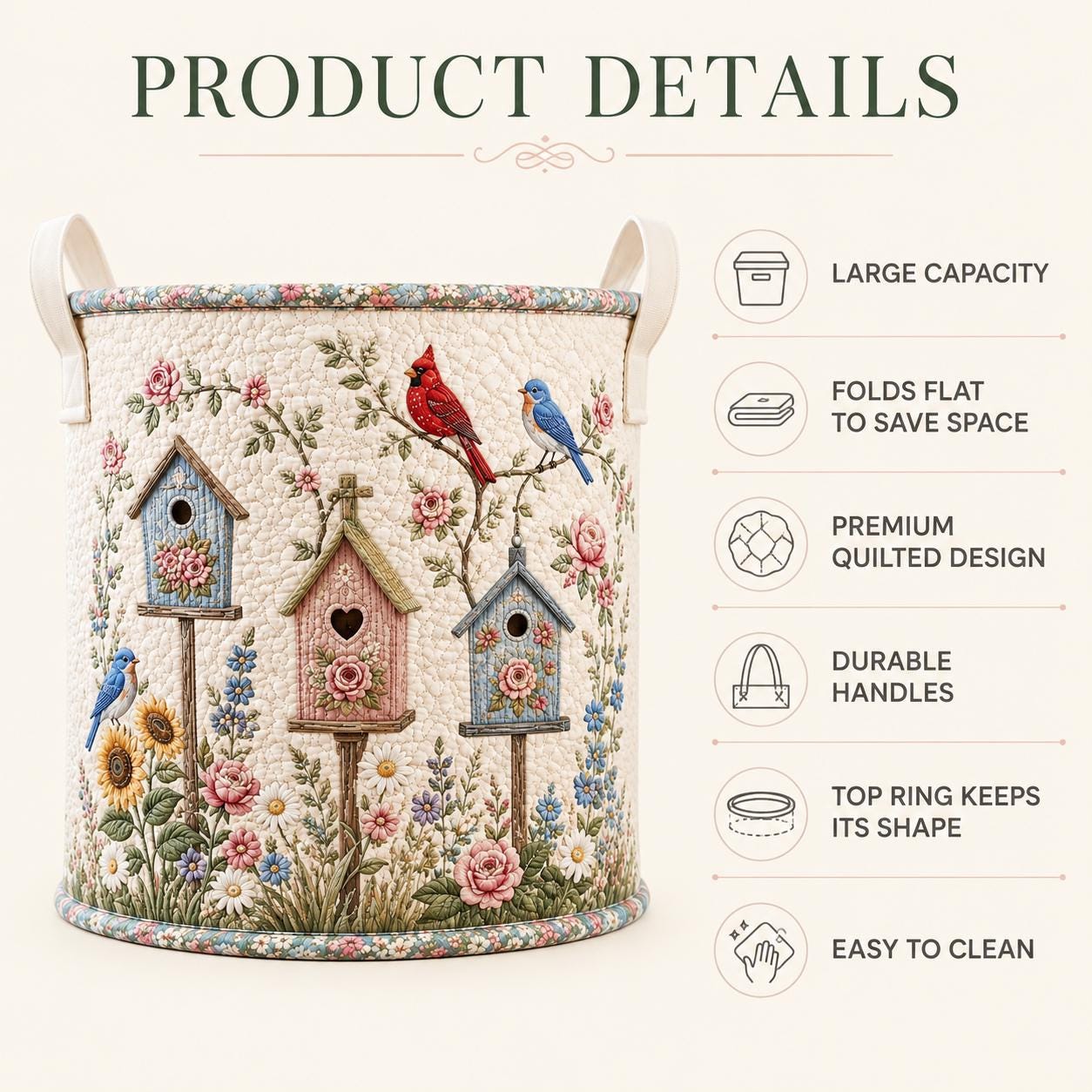 Laundry Bag with Birdhouse Garden Hamper Basket and Cardinal Bluebird Storage Bin for Cottagecore Floral Decor Gift - photo 6