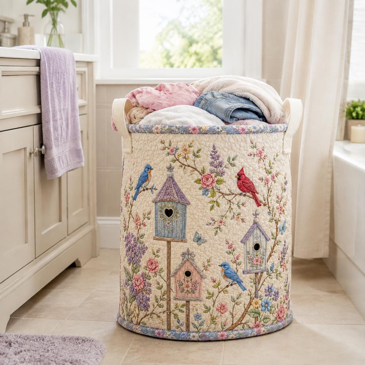 Laundry Bag with Birdhouse Garden Hamper Basket and Cardinal Bluebird Storage Bin for Cottagecore Floral Decor Gift - photo 7
