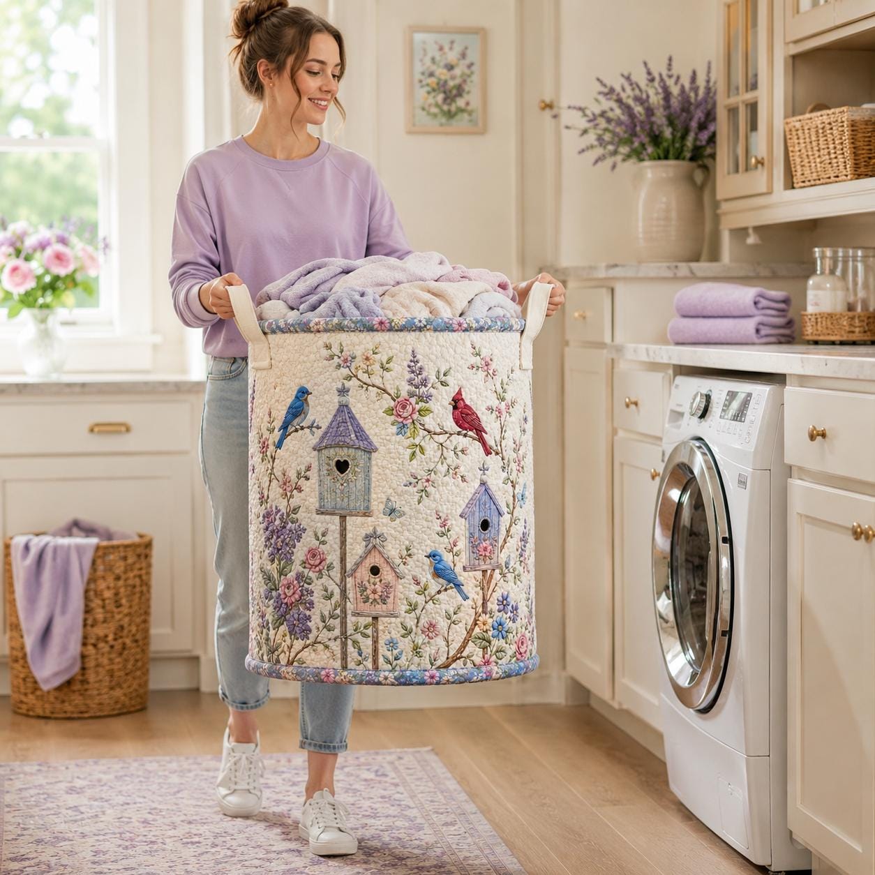 Laundry Bag with Birdhouse Garden Hamper Basket and Cardinal Bluebird Storage Bin for Cottagecore Floral Decor Gift - photo 9