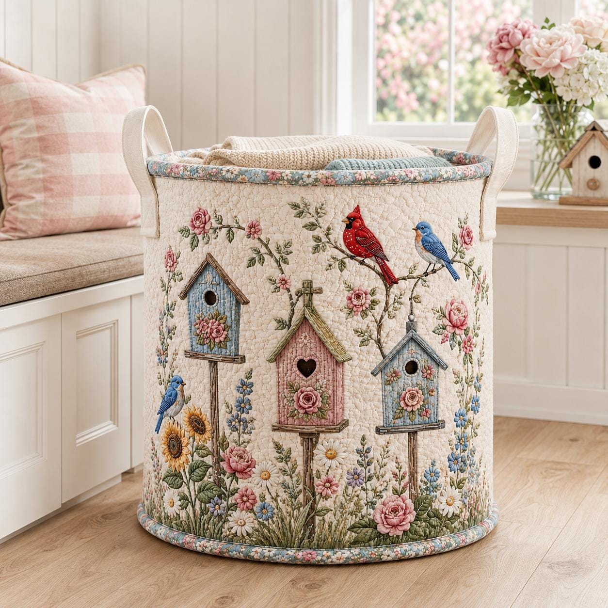 Laundry Bag with Birdhouse Garden Hamper Basket and Cardinal Bluebird Storage Bin for Cottagecore Floral Decor Gift - photo 10