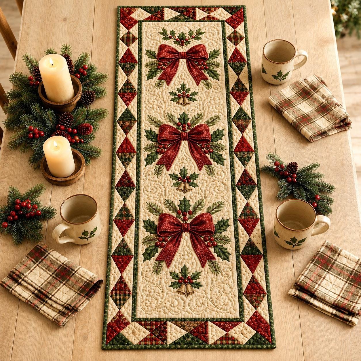 Christmas Table Runner with Quilt Style Holiday Decor and Candy Cane Bell Cardinal Bow for Traditional Dining