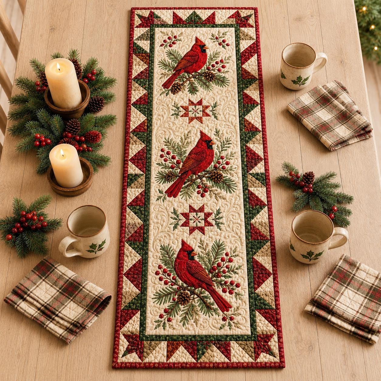 Christmas Table Runner with Quilt Style Holiday Decor and Candy Cane Bell Cardinal Bow for Traditional Dining - photo 2