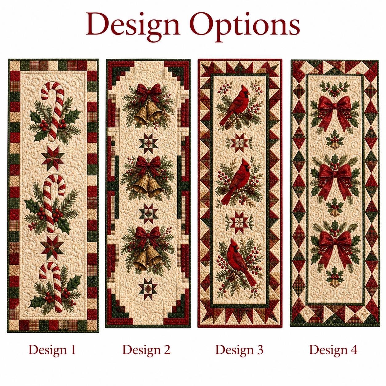 Christmas Table Runner with Quilt Style Holiday Decor and Candy Cane Bell Cardinal Bow for Traditional Dining - photo 3