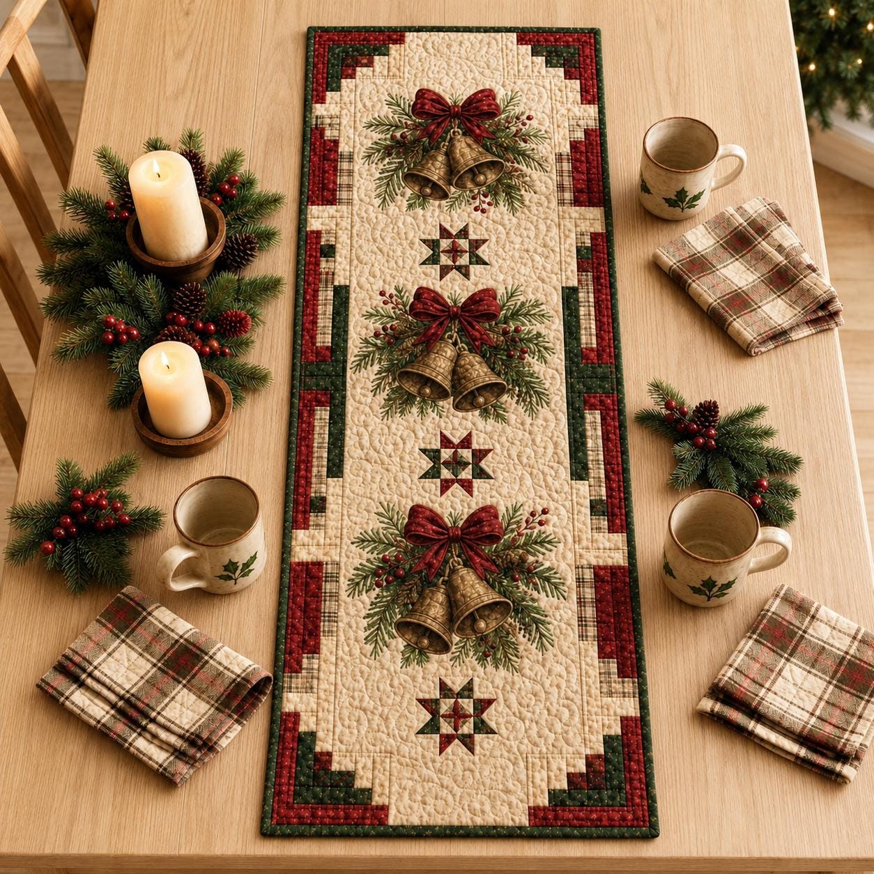 Christmas Table Runner with Quilt Style Holiday Decor and Candy Cane Bell Cardinal Bow for Traditional Dining - photo 5