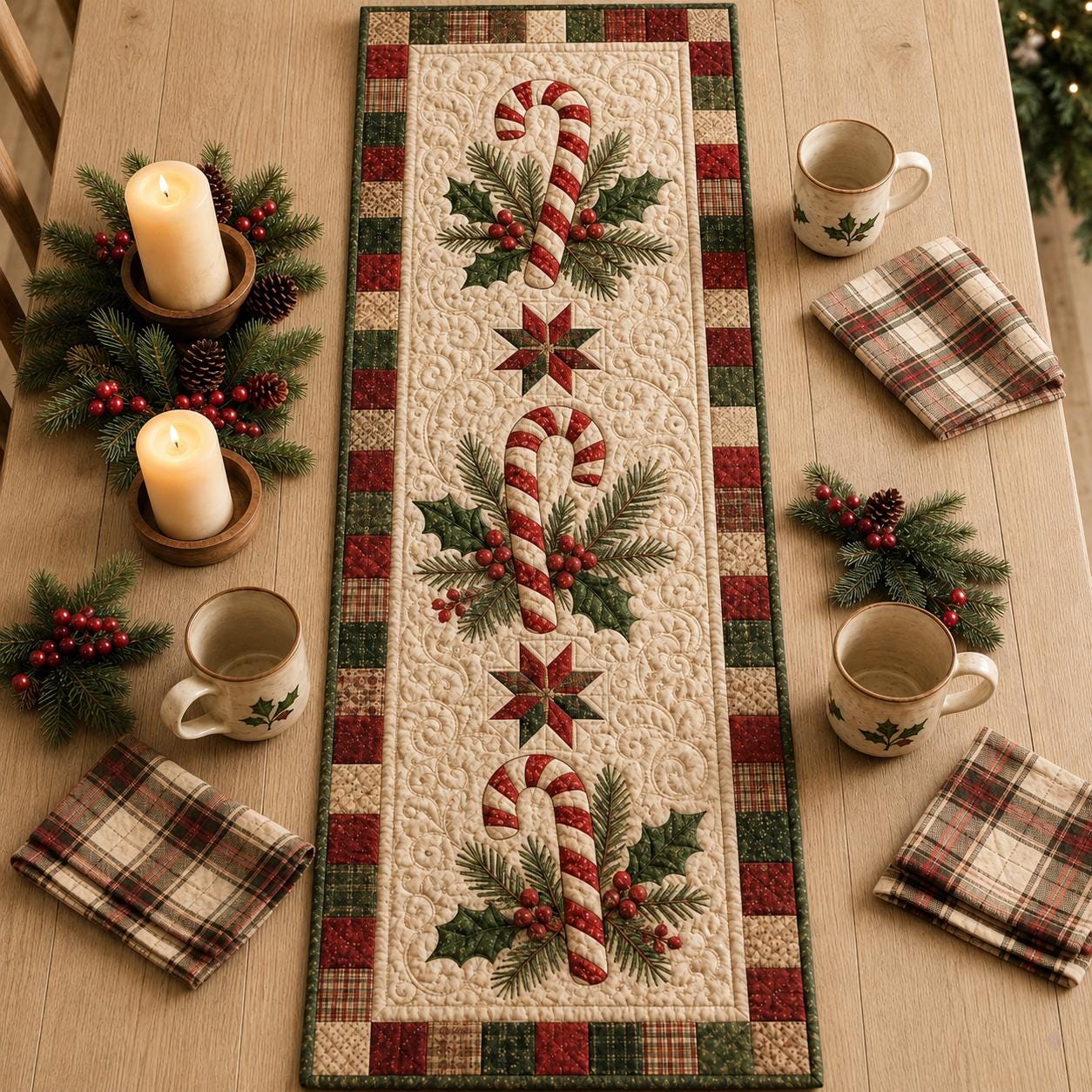 Christmas Table Runner with Quilt Style Holiday Decor and Candy Cane Bell Cardinal Bow for Traditional Dining - photo 6