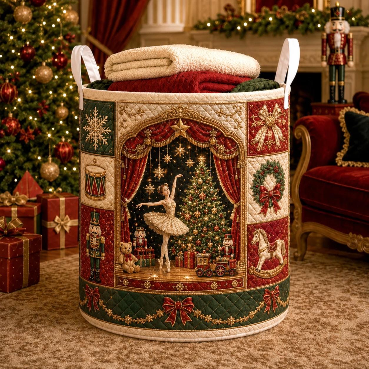 Nutcracker Christmas Laundry Hamper with Quilt Style Ballet Storage Basket and Holiday Clothes Bin, Christmas Home Decor, Ballerina Gift
