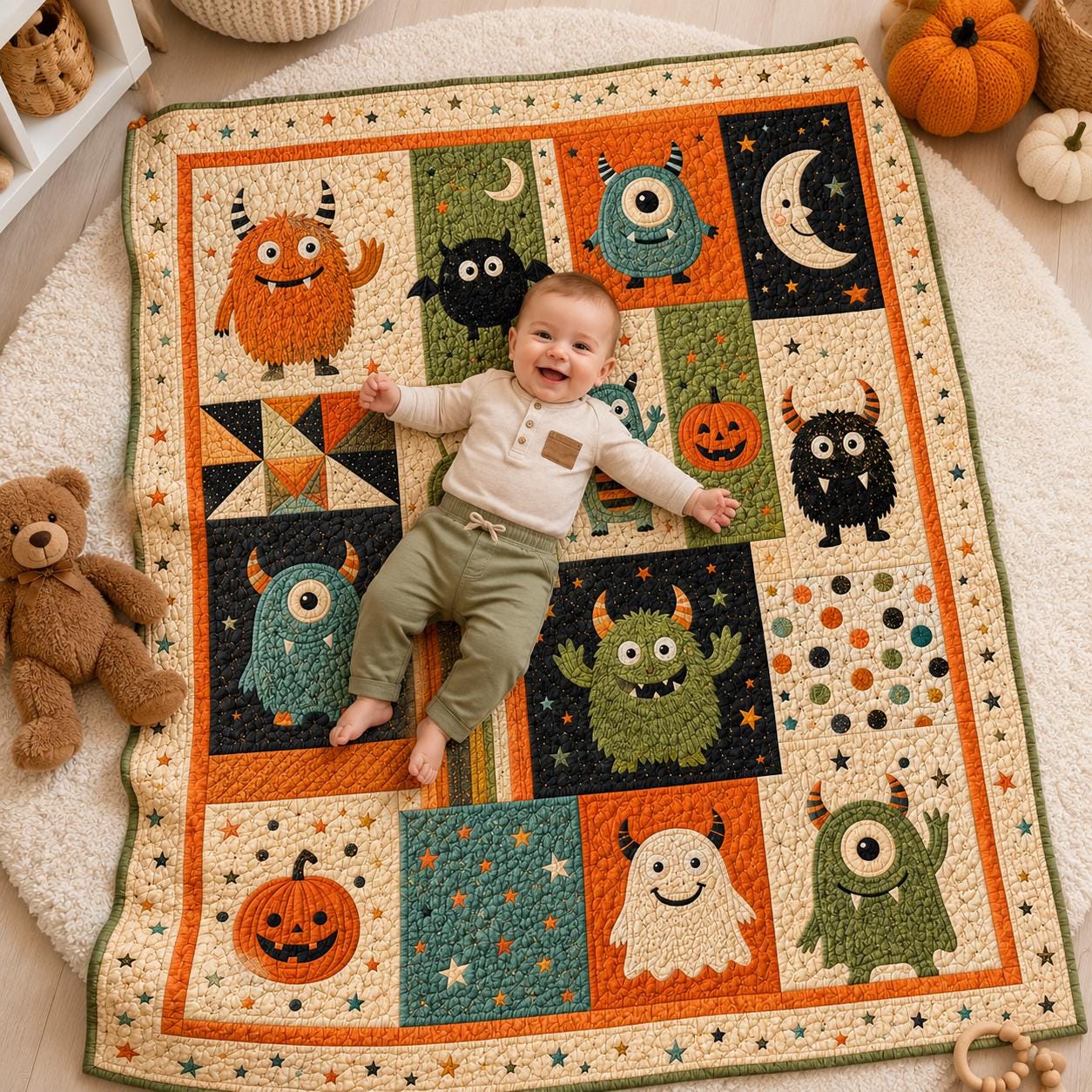 Throw Blanket – Quilted Style Halloween Monster Cute Spooky Creature Pumpkin Ghost Bedding for Kids Fall Room Decor and Gift