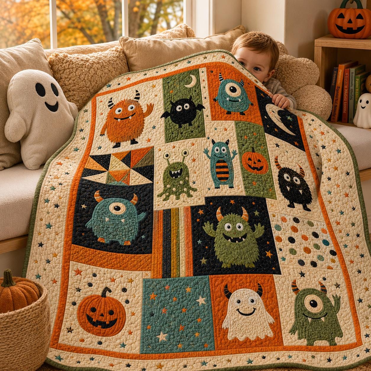 Throw Blanket – Quilted Style Halloween Monster Cute Spooky Creature Pumpkin Ghost Bedding for Kids Fall Room Decor and Gift - photo 8