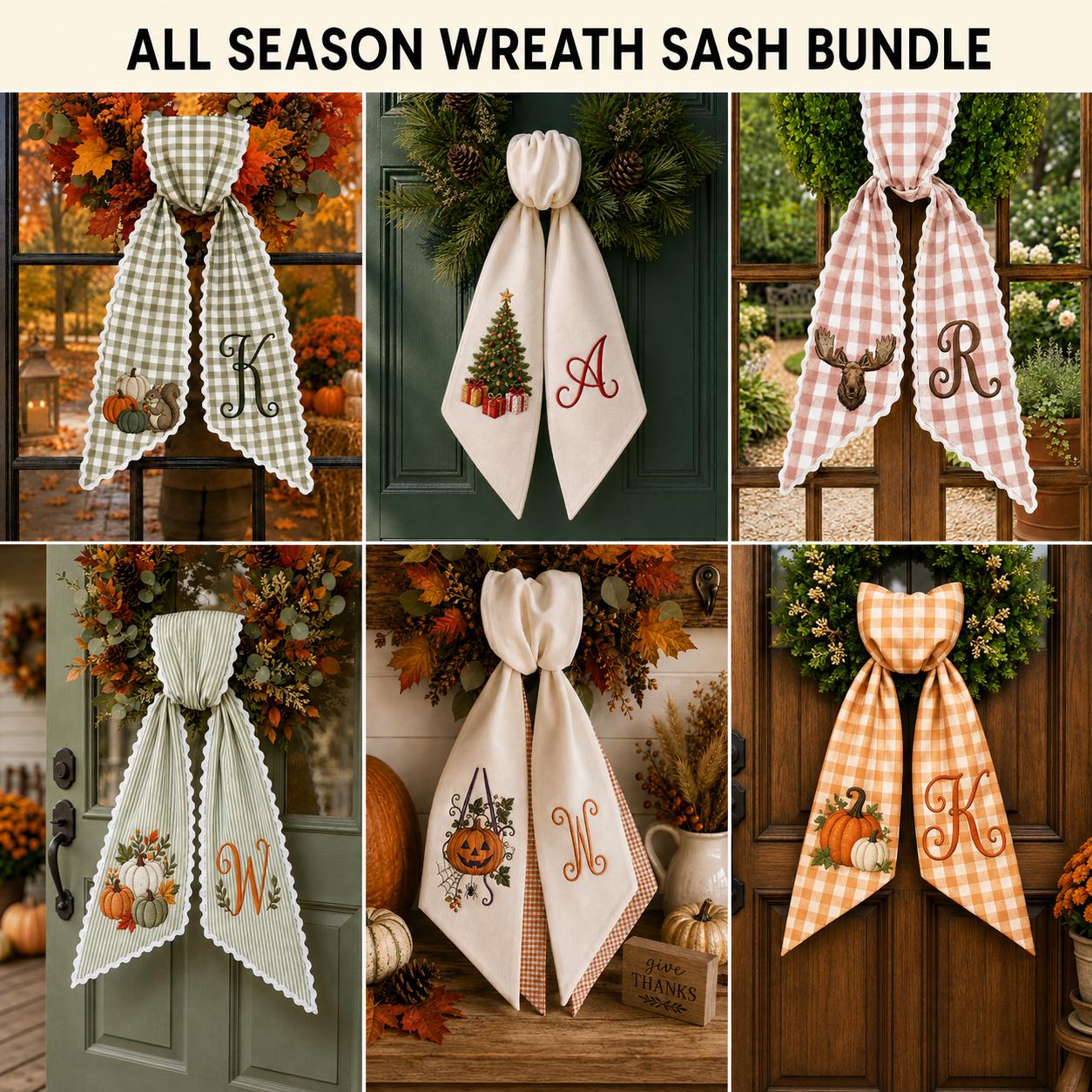 Personalized Monogram All Season Wreath Sash Bundle for Fall, Halloween and Christmas, Custom Holiday Front Door Decor Gift