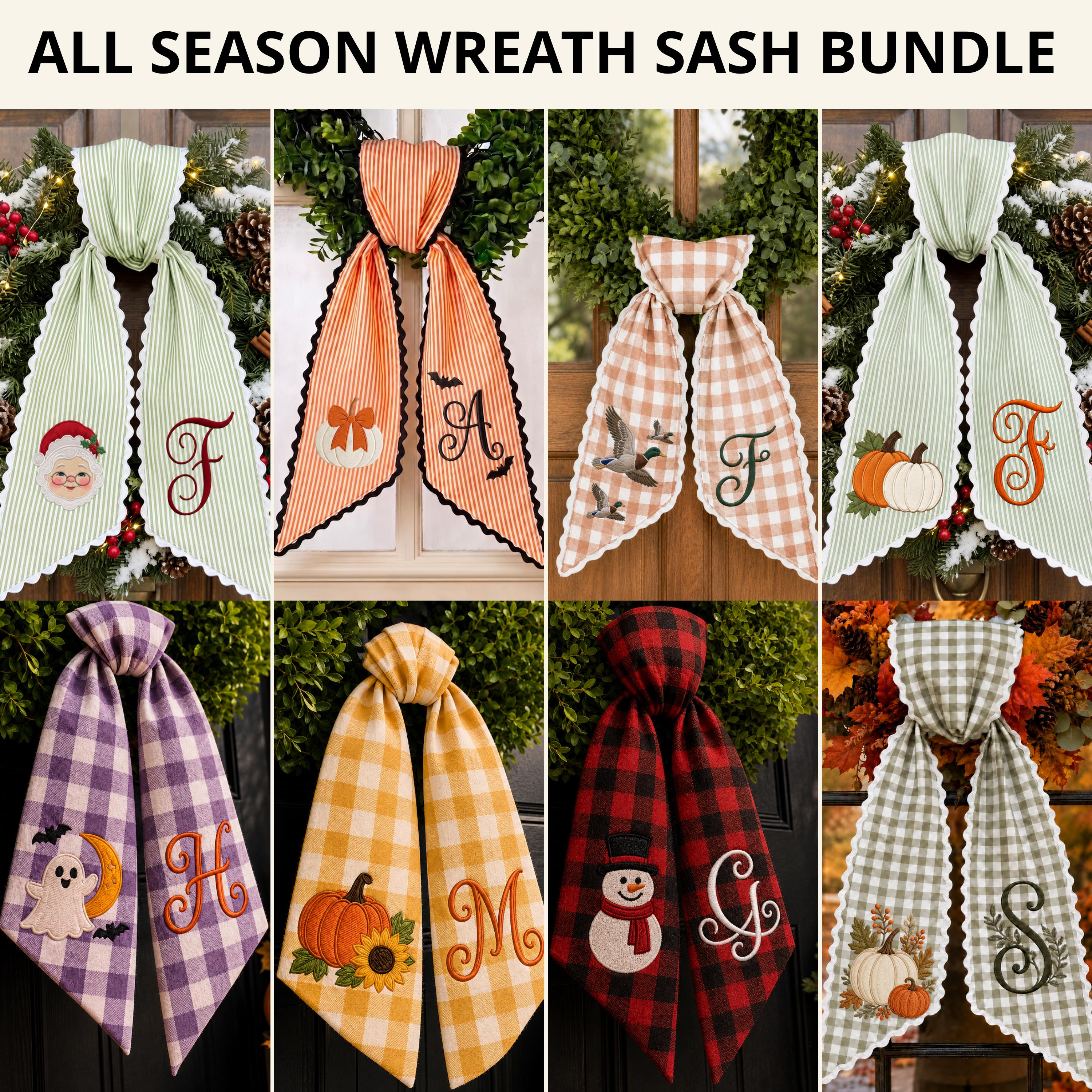 Personalized Monogram Gingham All Season Wreath Sash Bundle for Fall, Halloween and Christmas, Custom Door Decor Seasonal Gift