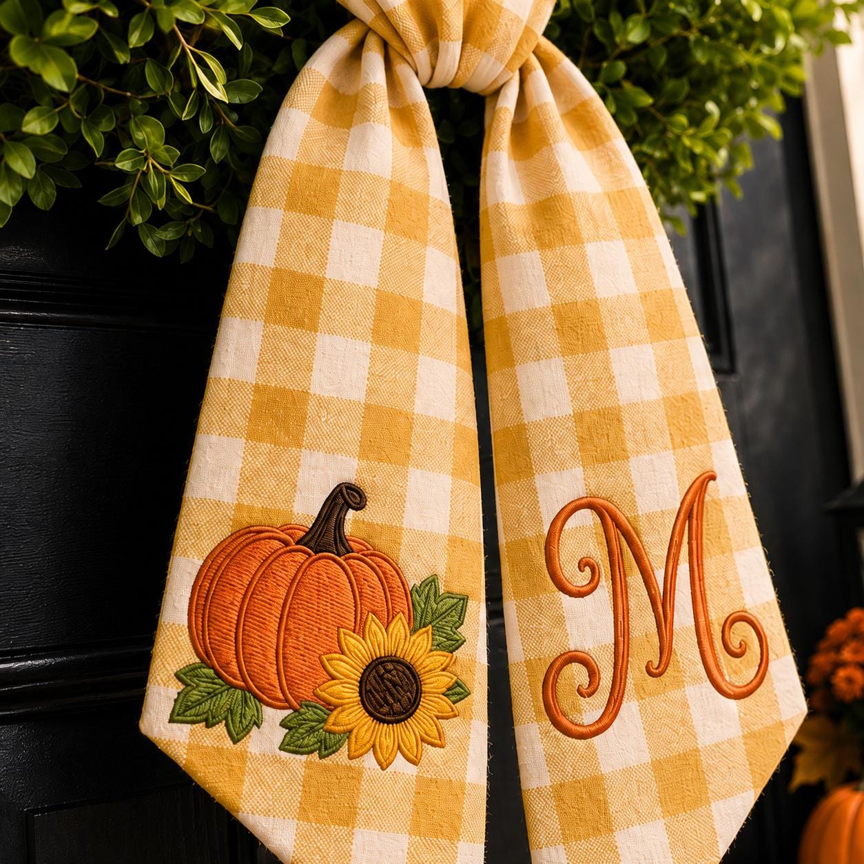 Personalized Monogram Gingham All Season Wreath Sash Bundle for Fall, Halloween and Christmas, Custom Door Decor Seasonal Gift - photo 3