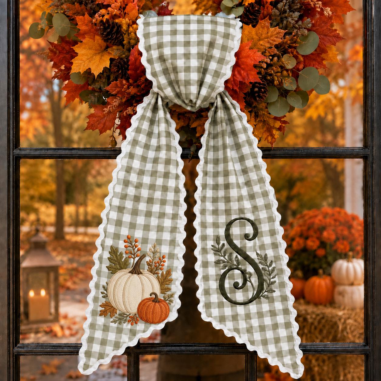 Personalized Monogram Gingham All Season Wreath Sash Bundle for Fall, Halloween and Christmas, Custom Door Decor Seasonal Gift - photo 8