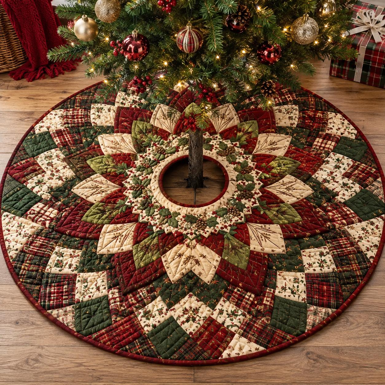 Quilt Style Patchwork Plaid Red and Green Poinsettia Floral Christmas Tree Skirt, Farmhouse Holiday Tree Mat Decor