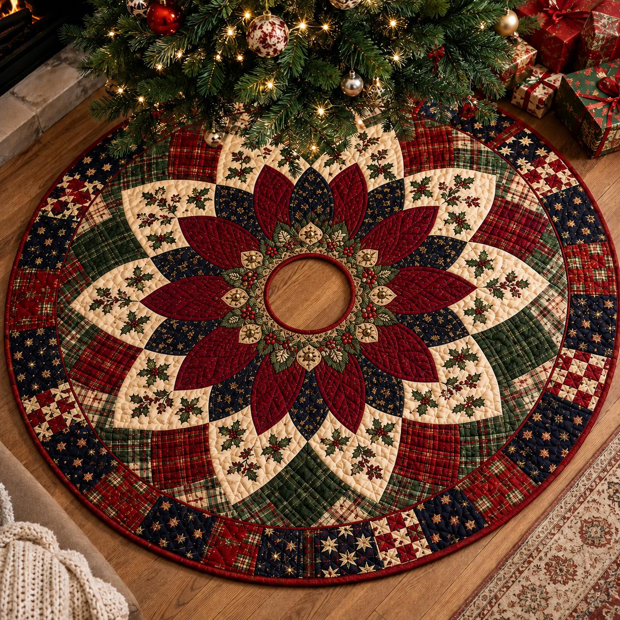 Quilt Style Patchwork Plaid Red and Green Poinsettia Floral Christmas Tree Skirt, Farmhouse Holiday Tree Mat Decor - photo 2