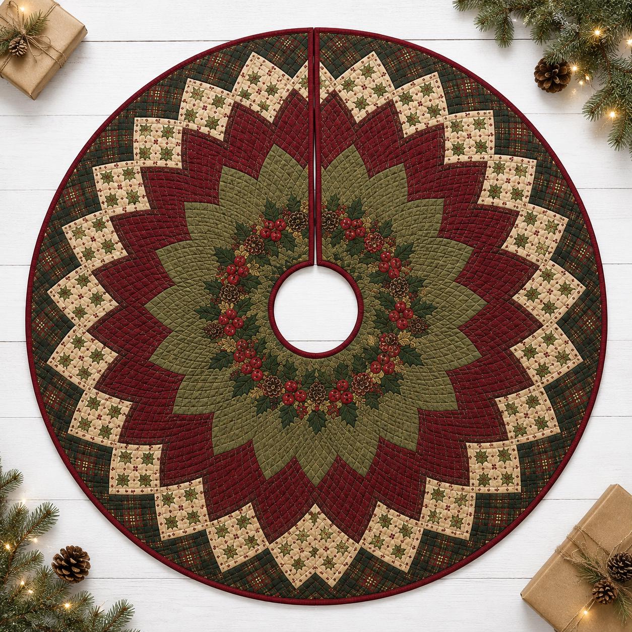 Quilt Style Patchwork Plaid Red and Green Poinsettia Floral Christmas Tree Skirt, Farmhouse Holiday Tree Mat Decor - photo 3