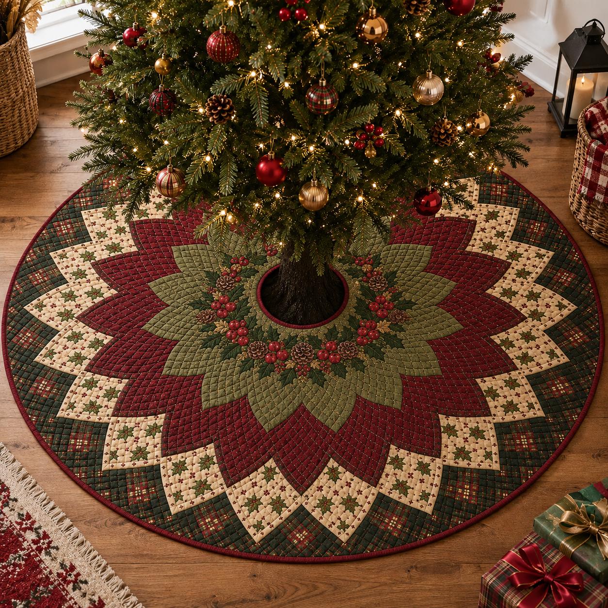 Quilt Style Patchwork Plaid Red and Green Poinsettia Floral Christmas Tree Skirt, Farmhouse Holiday Tree Mat Decor - photo 5