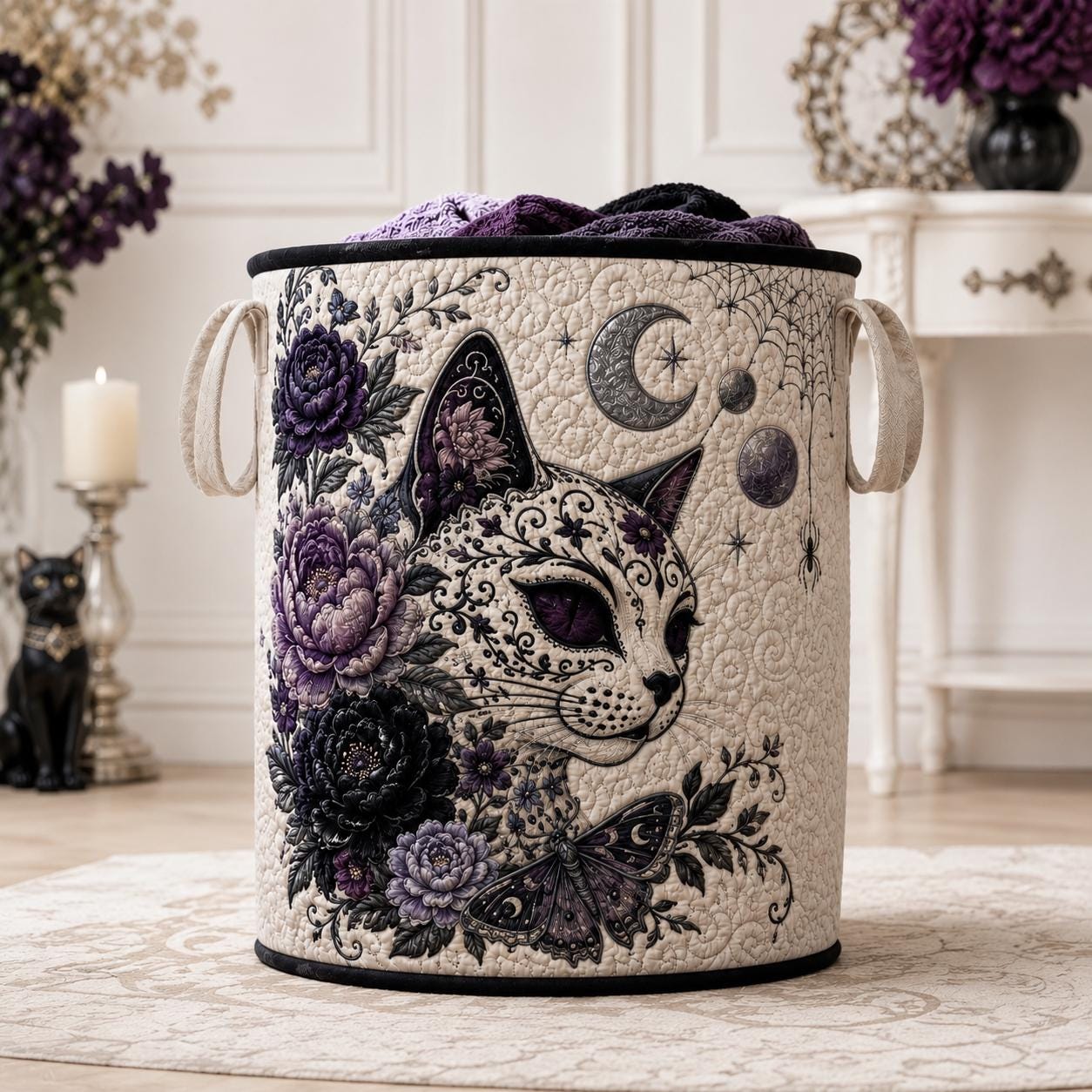 Sugar Skull Cat Laundry Hamper with Gothic Quilted Storage Basket for Goth Home Decor