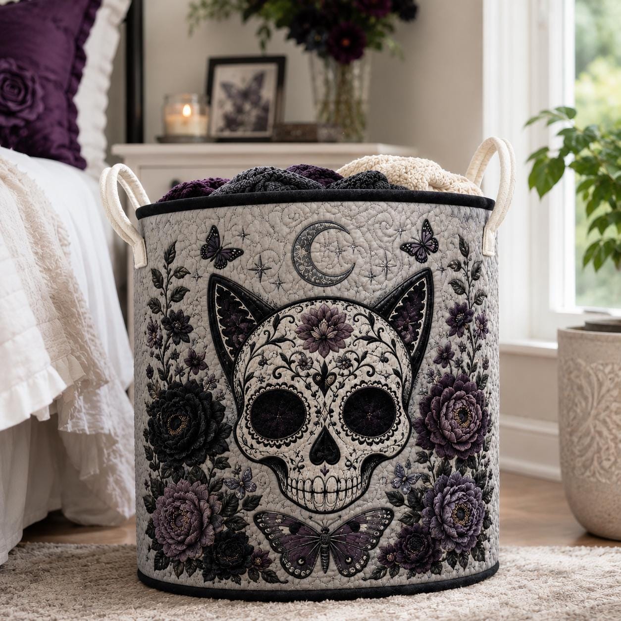 Sugar Skull Cat Laundry Hamper with Gothic Quilted Storage Basket for Goth Home Decor - photo 2