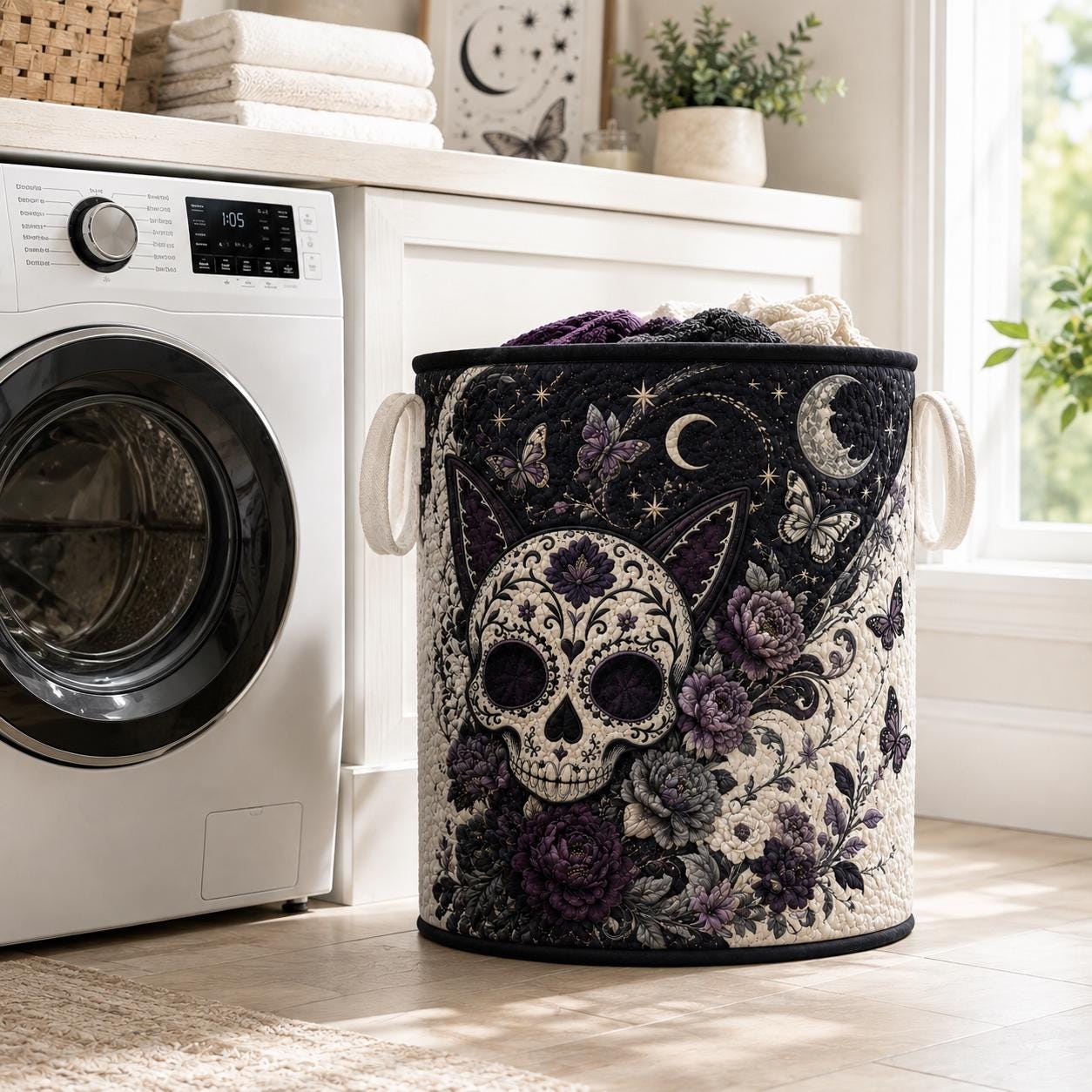 Sugar Skull Cat Laundry Hamper with Gothic Quilted Storage Basket for Goth Home Decor - photo 5