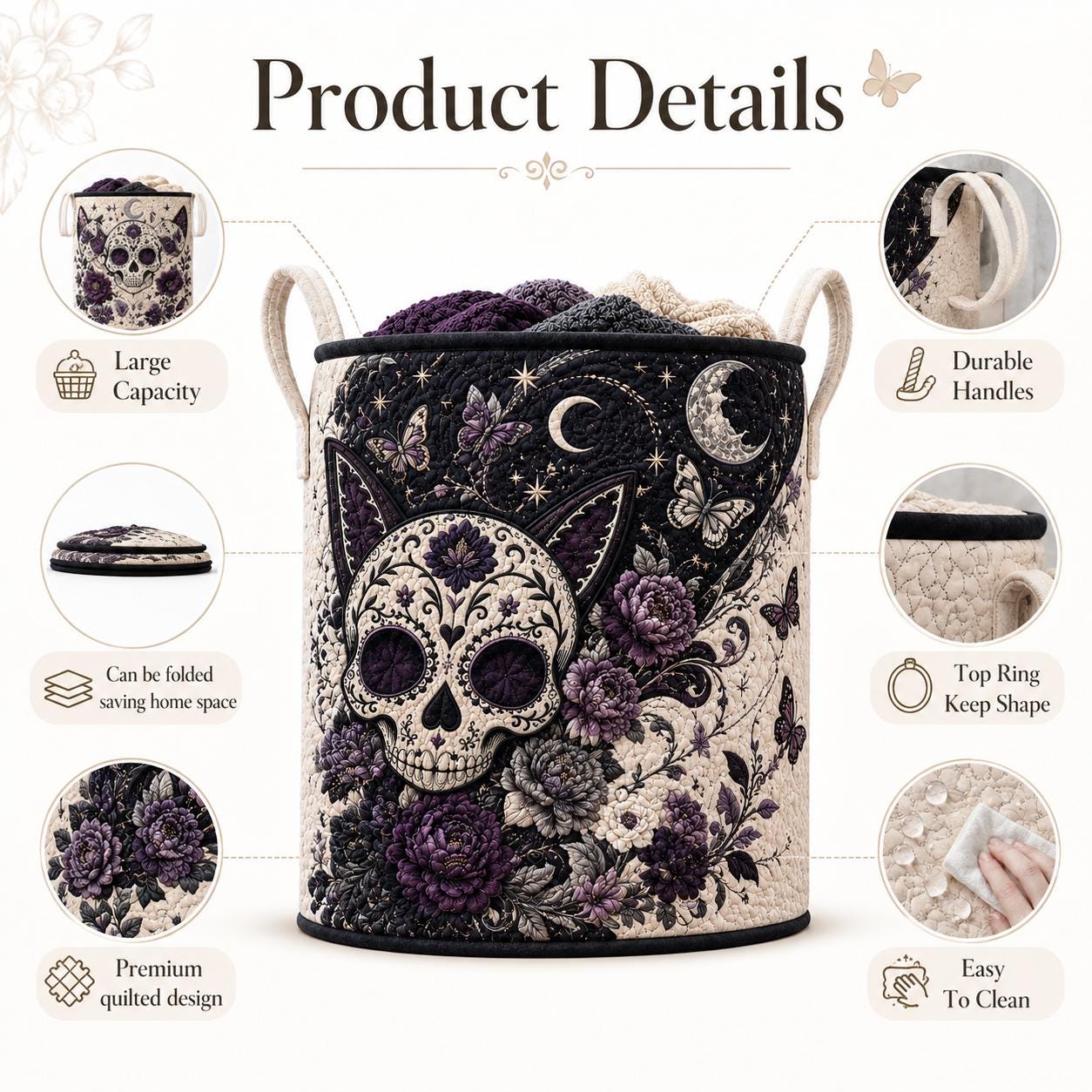 Sugar Skull Cat Laundry Hamper with Gothic Quilted Storage Basket for Goth Home Decor - photo 6