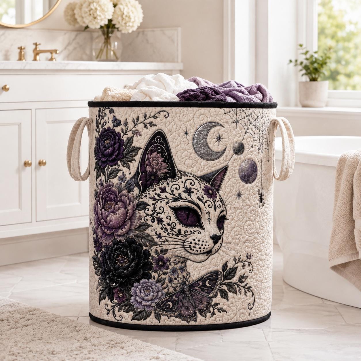 Sugar Skull Cat Laundry Hamper with Gothic Quilted Storage Basket for Goth Home Decor - photo 7