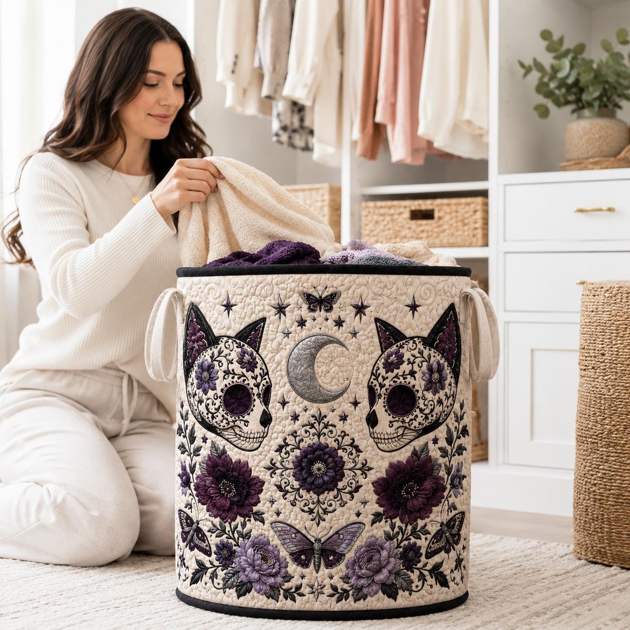 Sugar Skull Cat Laundry Hamper with Gothic Quilted Storage Basket for Goth Home Decor - photo 8