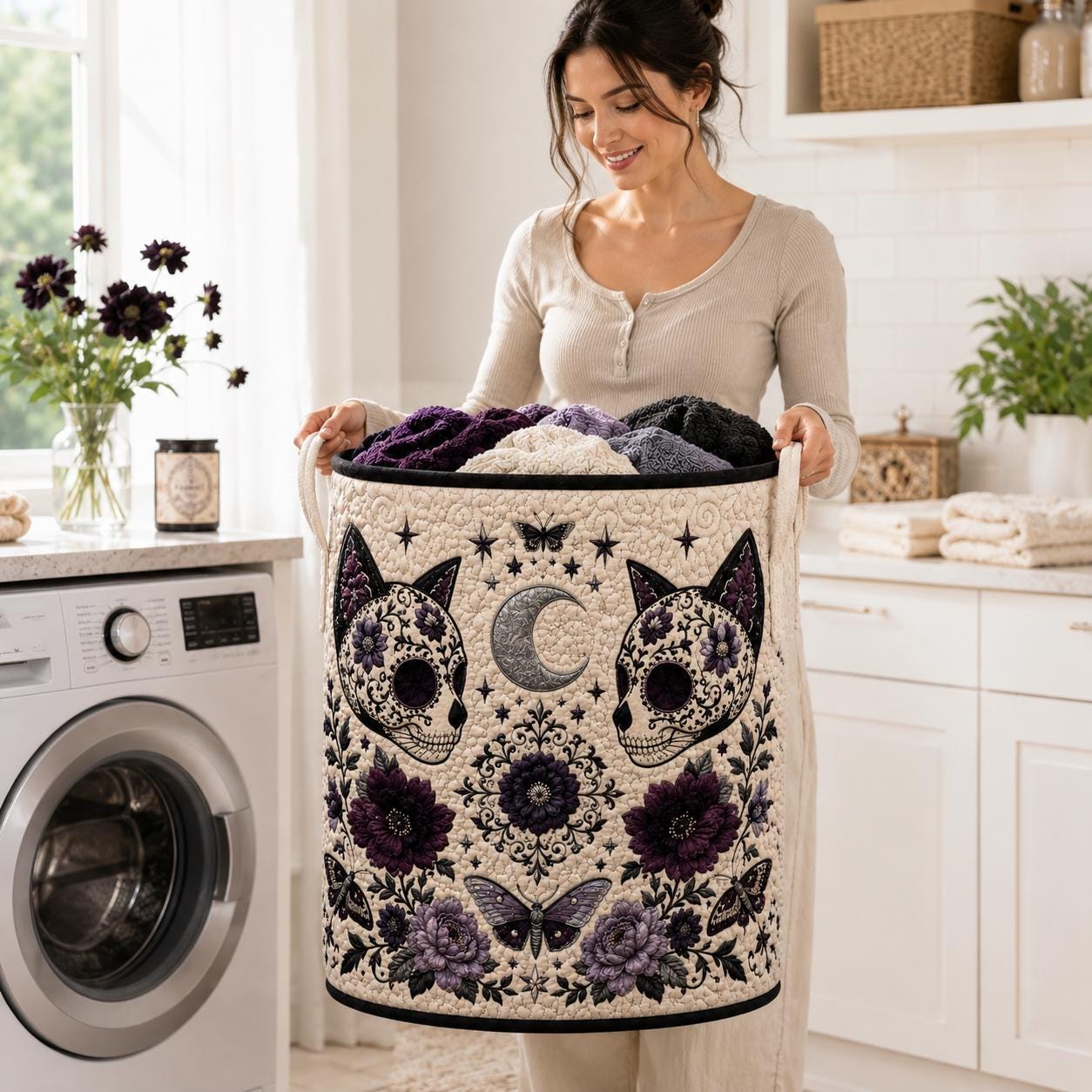 Sugar Skull Cat Laundry Hamper with Gothic Quilted Storage Basket for Goth Home Decor - photo 9