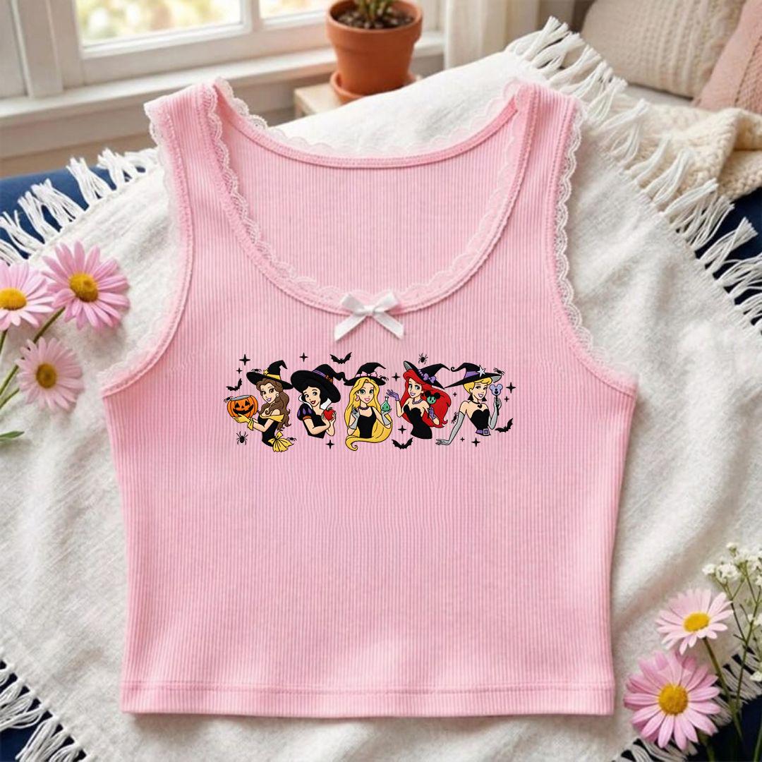 Embroidered Disney Princess Halloween Lace Trim Tank Top with Spooky Witches – WDW Disneyland Girls Trip Baby Tee Crop Tank - photo 5